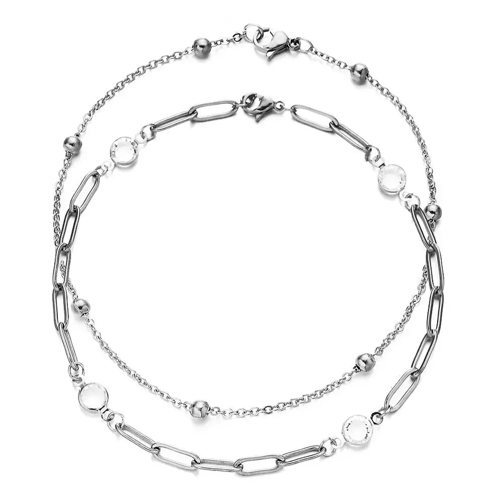Lovcia Stylish Beach Baita Stainless Steel Crystal Chain-Anklets-DZA389 22cm Silver-DZA389 22cm Silver