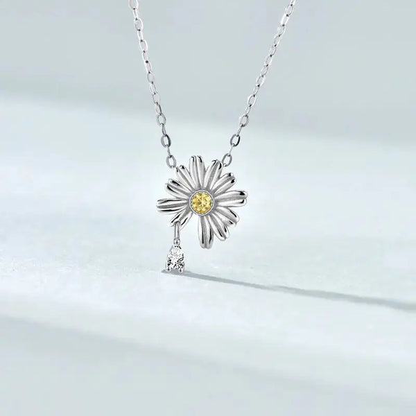 Lovcia Summer Daisy Flower CZ 925 Sterling Silver Necklace-Necklaces-Rhodium-Rhodium