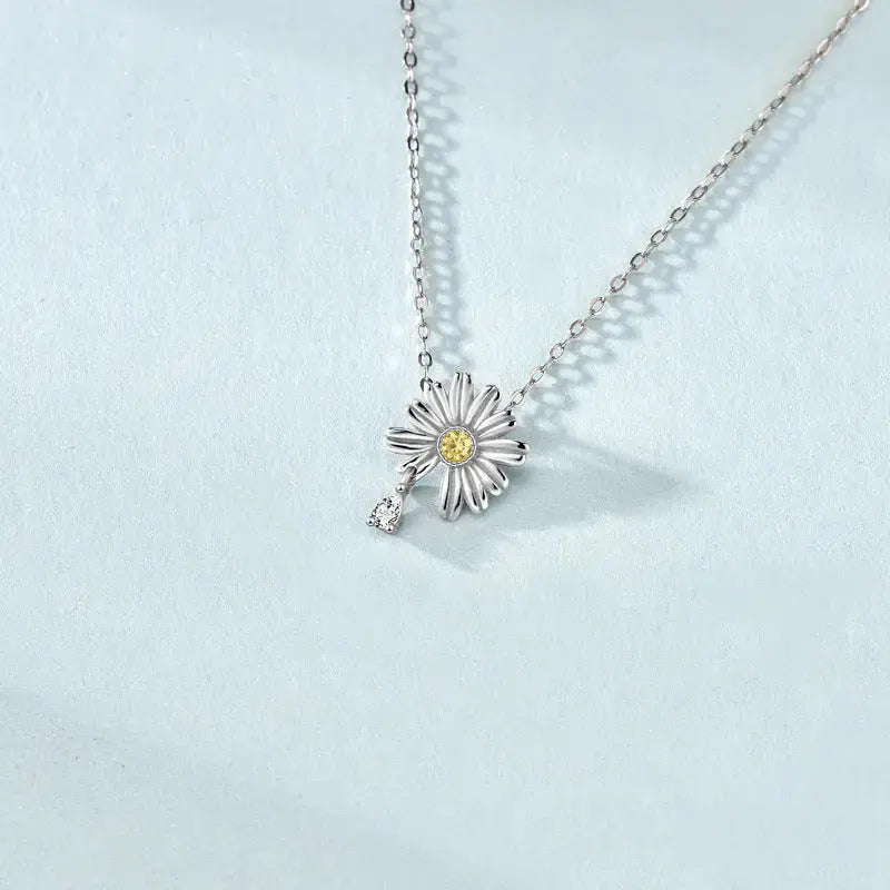 Lovcia Summer Daisy Flower CZ 925 Sterling Silver Necklace-Necklaces-Rhodium-Rhodium