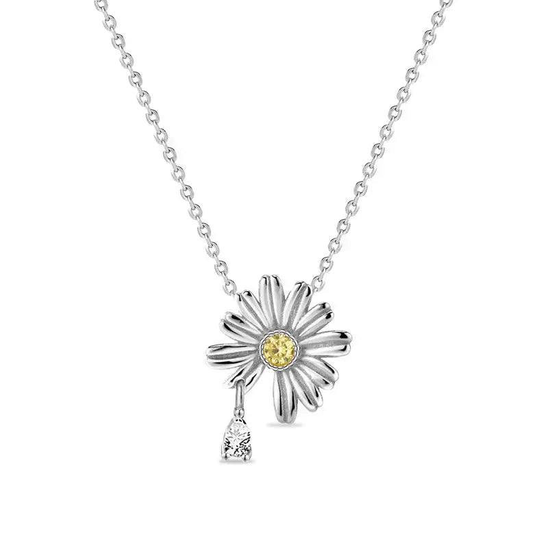 Lovcia Summer Daisy Flower CZ 925 Sterling Silver Necklace-Necklaces-Rhodium-Rhodium