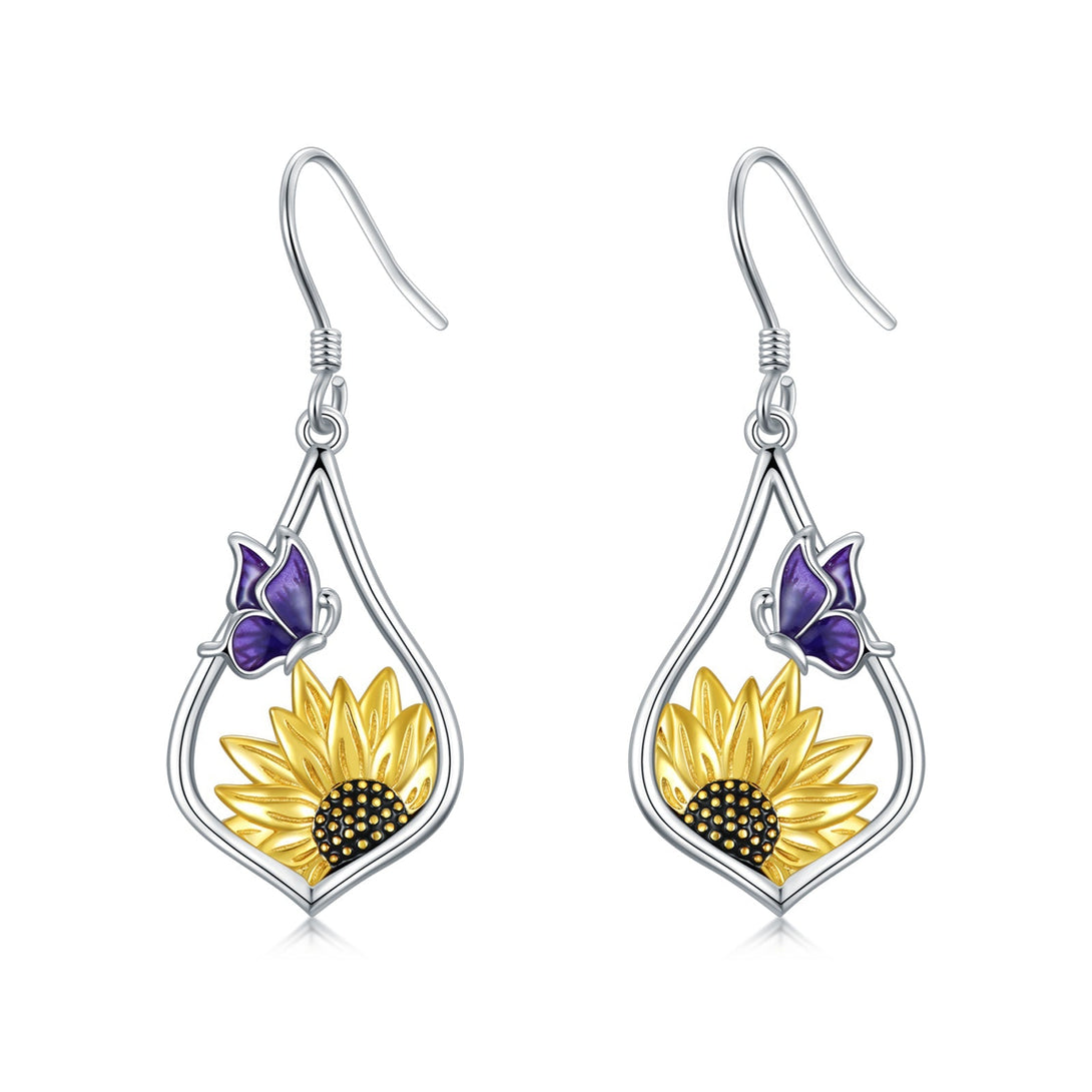 Lovcia Sunflower and Butterfly Sterling Silver Drop Earrings for Women-Earrings-Silver-Silver