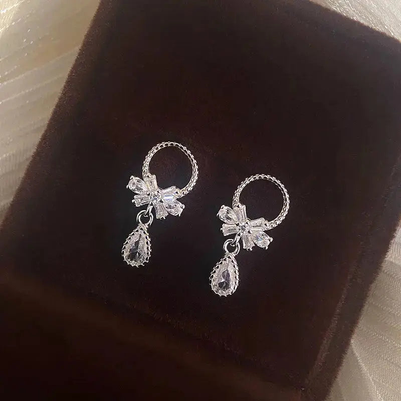Lovcia Sweet CZ Bow-Knot Garlands Waterdrop 925 Sterling Silver Dangling Earrings-Earrings-Rhodium-Rhodium