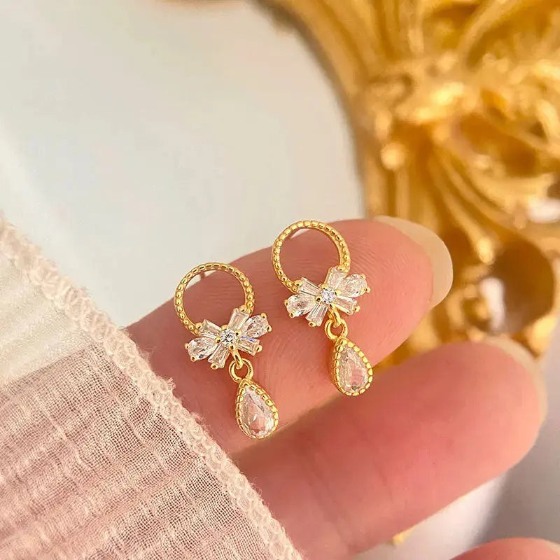 Lovcia Sweet CZ Bow-Knot Garlands Waterdrop 925 Sterling Silver Dangling Earrings-Earrings-Rhodium-Rhodium
