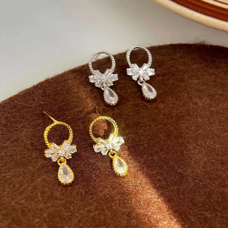 Lovcia Sweet CZ Bow-Knot Garlands Waterdrop 925 Sterling Silver Dangling Earrings-Earrings-Rhodium-Rhodium