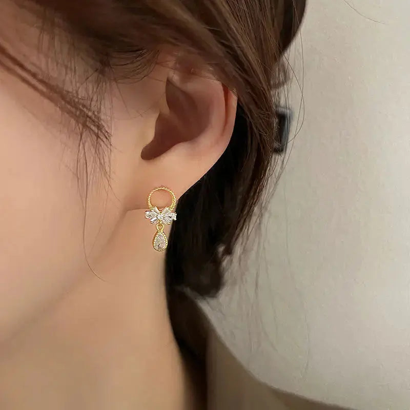 Lovcia Sweet CZ Bow-Knot Garlands Waterdrop 925 Sterling Silver Dangling Earrings-Earrings-Rhodium-Rhodium