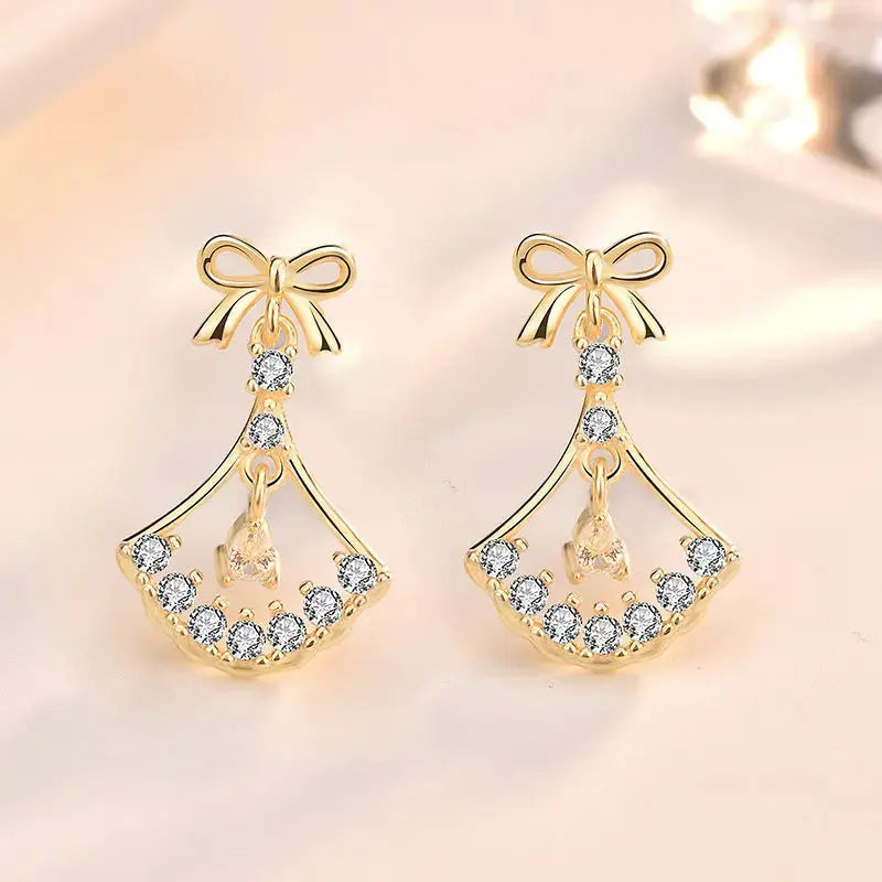 Lovcia Sweet CZ Bowknot Hollow Sector Fan 925 Sterling Silver Dangling Earrings-Earrings-14K Yellow Gold-14K Yellow Gold