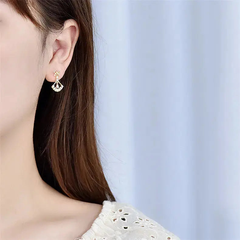 Lovcia Sweet CZ Bowknot Hollow Sector Fan 925 Sterling Silver Dangling Earrings-Earrings-14K Yellow Gold-14K Yellow Gold