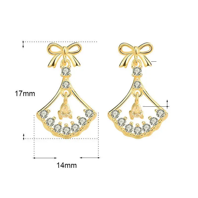 Lovcia Sweet CZ Bowknot Hollow Sector Fan 925 Sterling Silver Dangling Earrings-Earrings-14K Yellow Gold-14K Yellow Gold
