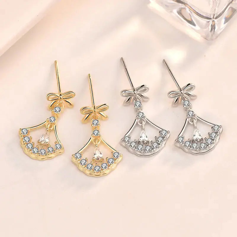 Lovcia Sweet CZ Bowknot Hollow Sector Fan 925 Sterling Silver Dangling Earrings-Earrings-14K Yellow Gold-14K Yellow Gold