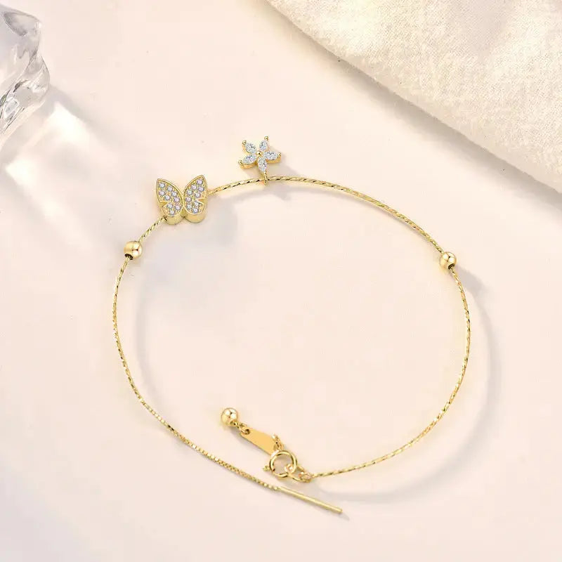Lovcia Sweet CZ Butterflies 925 Sterling Silver Bracelet-Bracelets-14K Yellow Gold-14K Yellow Gold