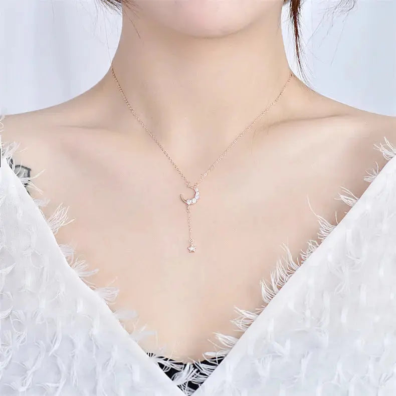 Lovcia Sweet CZ Crescent Moon Star Tassels 925 Sterling Silver Necklace-Necklaces-Rose Gold-Rose Gold