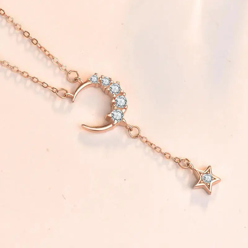 Lovcia Sweet CZ Crescent Moon Star Tassels 925 Sterling Silver Necklace-Necklaces-Rose Gold-Rose Gold