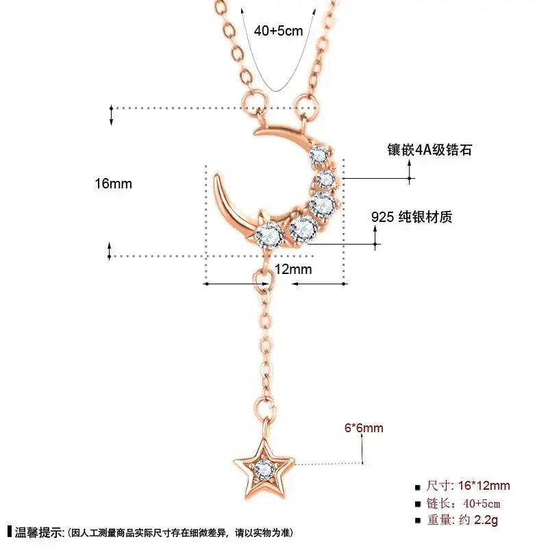 Lovcia Sweet CZ Crescent Moon Star Tassels 925 Sterling Silver Necklace-Necklaces-Rose Gold-Rose Gold