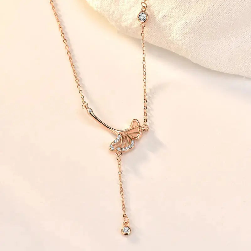 Lovcia Sweet CZ Hollow Ginkgo Leaf 925 Sterling Silver Necklace-Necklaces-Champagne Gold-Champagne Gold
