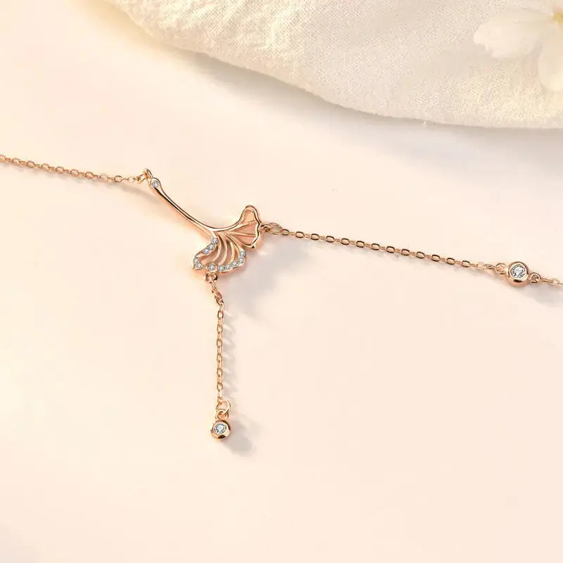 Lovcia Sweet CZ Hollow Ginkgo Leaf 925 Sterling Silver Necklace-Necklaces-Champagne Gold-Champagne Gold