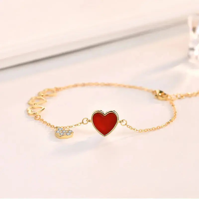 Lovcia Sweet Heart To Heart CZ Natural Agate Mother of Shell 925 Sterling Silver Bracelet-Bracelets-Natural Red Agate Bracelet-Natural Red Agate Bracelet