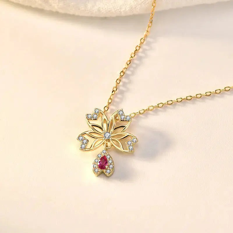 Lovcia Sweet Hollow CZ Sakura Flower 925 Sterling Silver Necklace-Necklaces-Yellow Gold-Yellow Gold