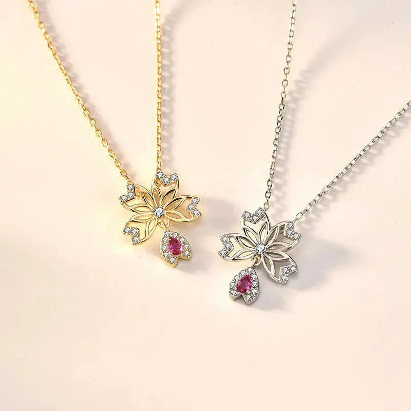 Lovcia Sweet Hollow CZ Sakura Flower 925 Sterling Silver Necklace-Necklaces-Yellow Gold-Yellow Gold