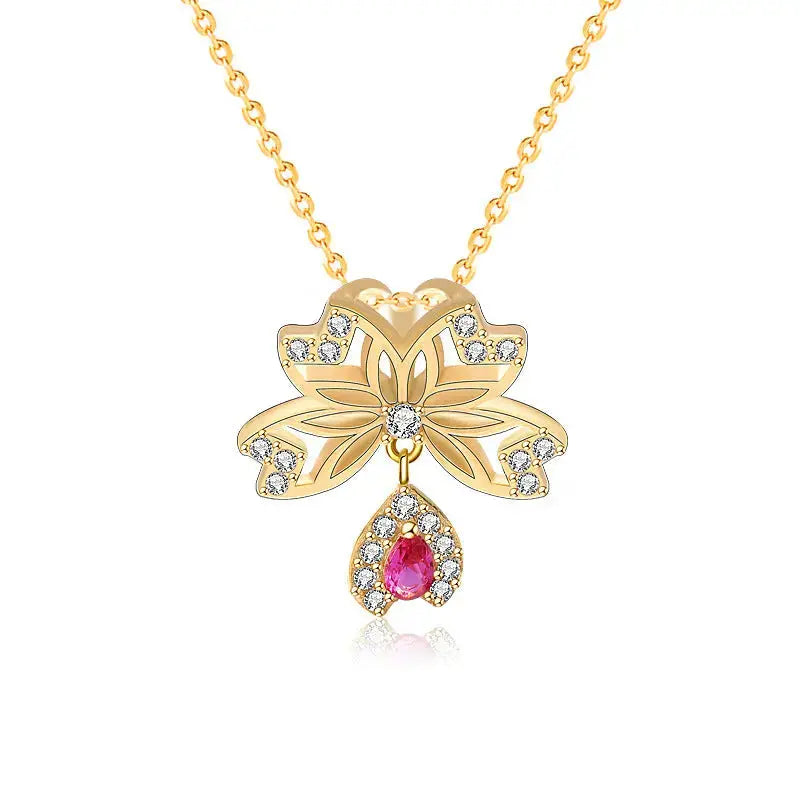 Lovcia Sweet Hollow CZ Sakura Flower 925 Sterling Silver Necklace-Necklaces-Yellow Gold-Yellow Gold