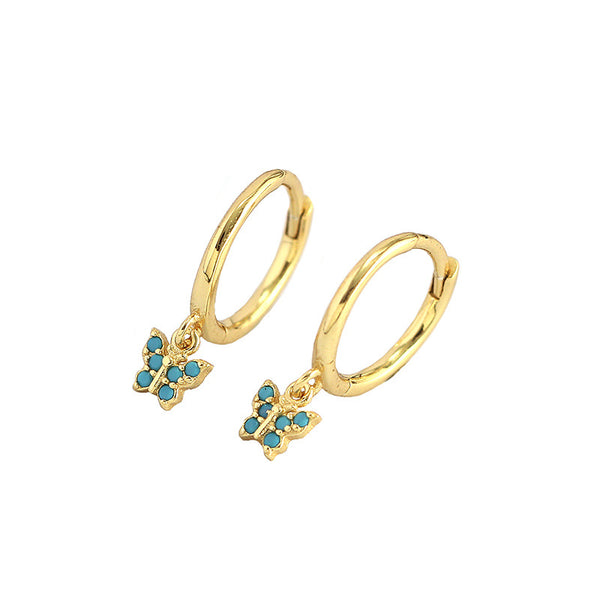 Lovcia Sweet Mini CZ Flying Butterfly Hoop Earrings Gold-Earrings-Yellow Gold & Turquoise-
