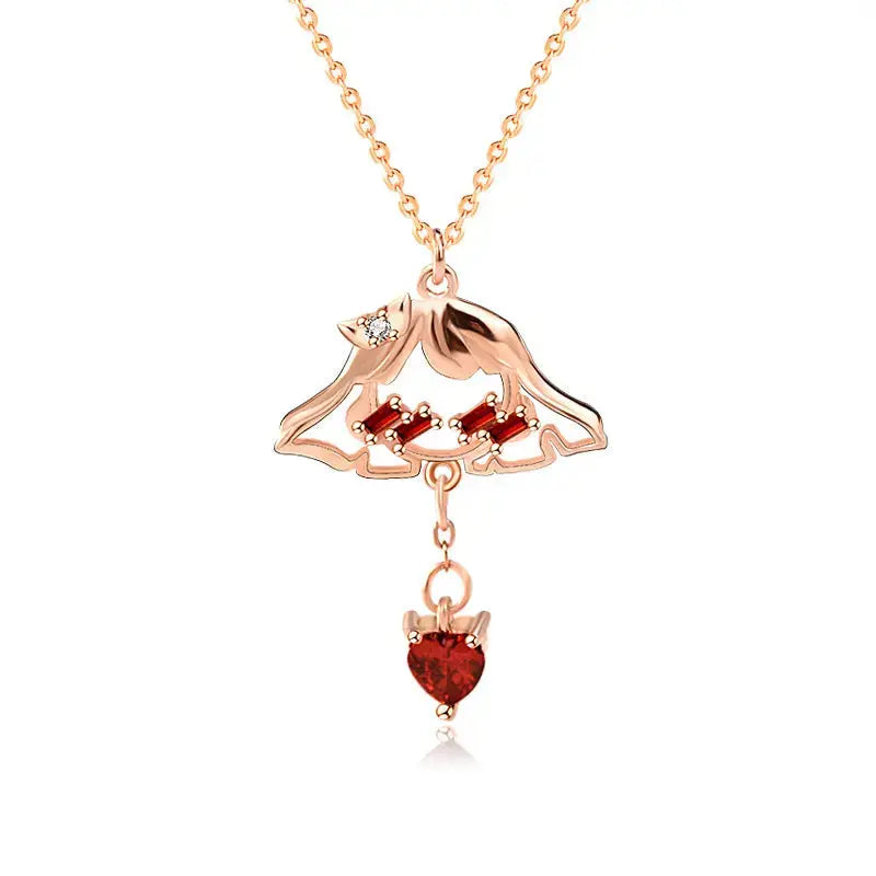 Lovcia Sweet Red CZ Shy Girl Heart 925 Sterling Silver Necklace-Necklaces-Silver-Silver