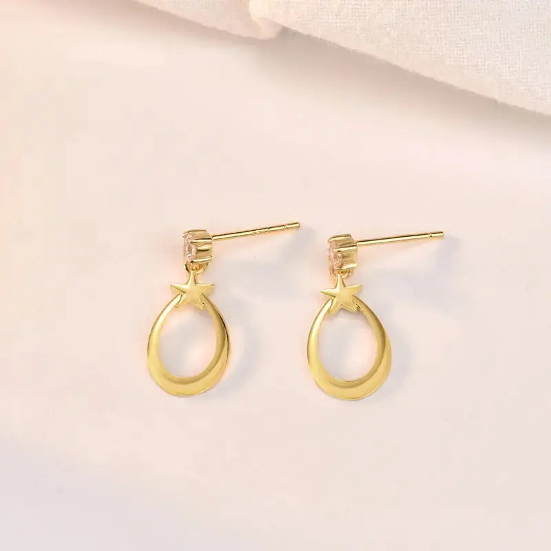 Lovcia Sweet Stars Geometry Circle 925 Sterling Silver Dangling Earrings-Earrings-Yellow Gold-Yellow Gold