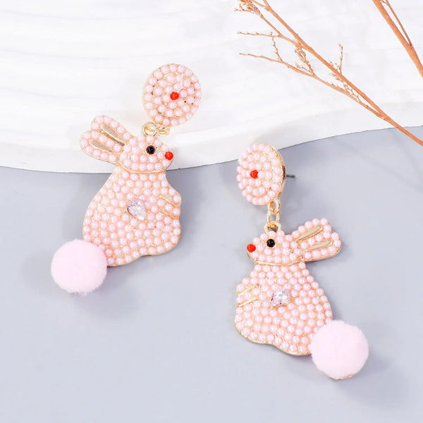 Lovcia Synthetic Pearl Alloy Rabbit Dangle Earrings-Earrings-Blush Pink-One Size-Blush Pink