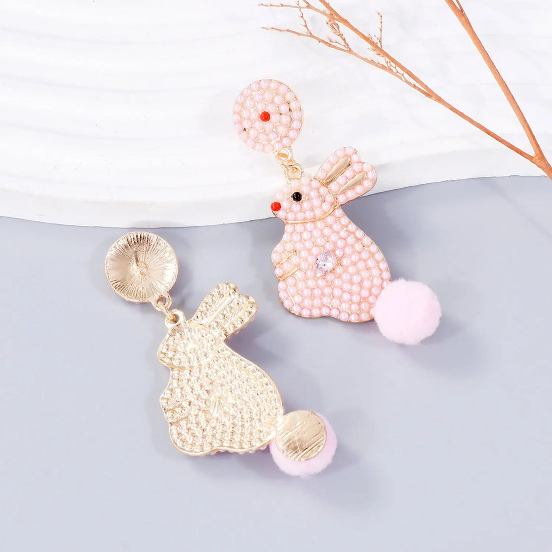 Lovcia Synthetic Pearl Alloy Rabbit Dangle Earrings-Earrings-Blush Pink-One Size-Blush Pink