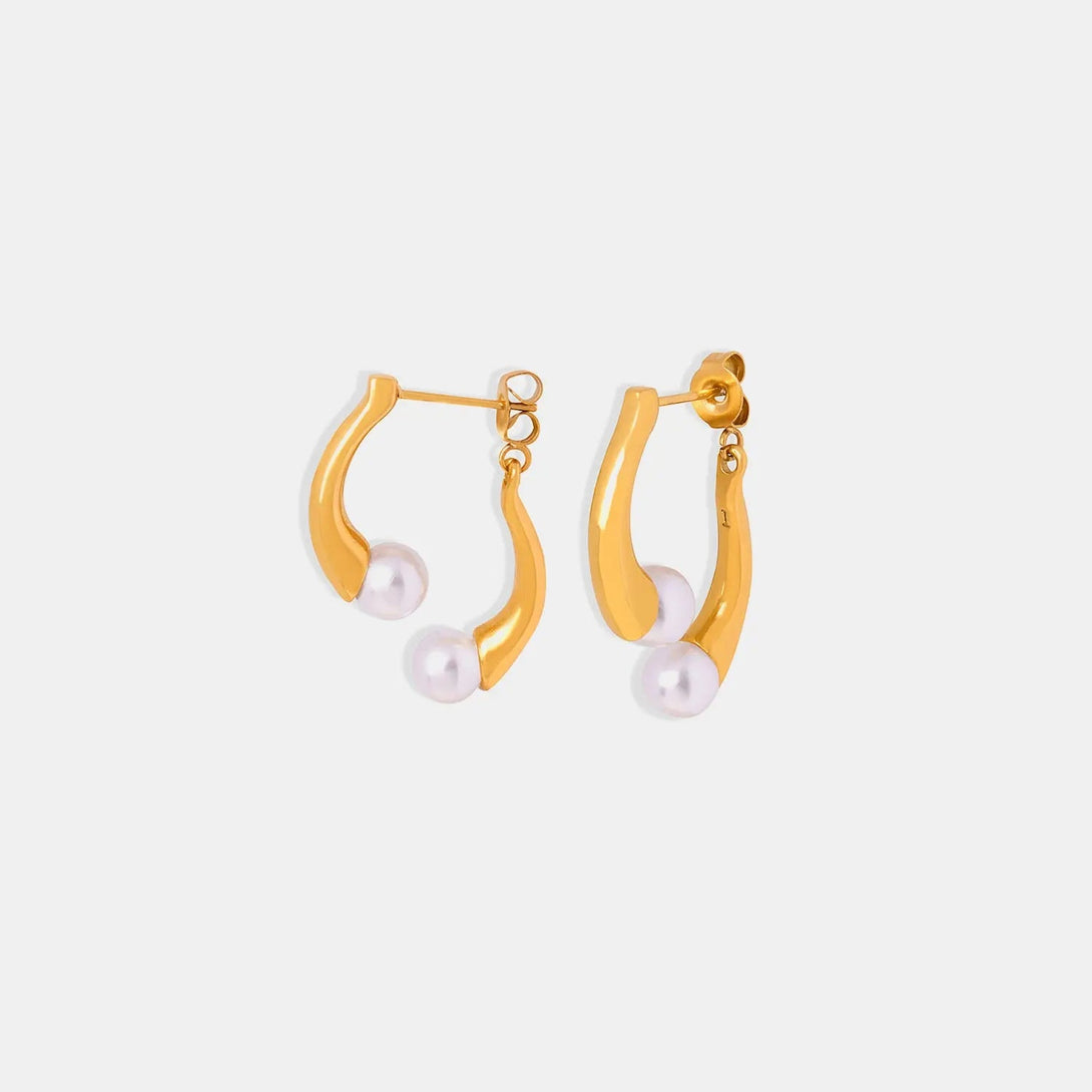 Lovcia Synthetic Pearl Asymmetrical Titanium Steel Earrings-Earrings-Gold-One Size-Gold