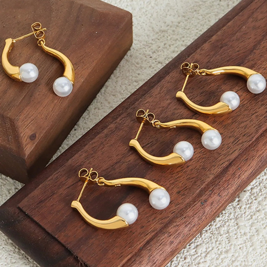 Lovcia Synthetic Pearl Asymmetrical Titanium Steel Earrings-Earrings-Gold-One Size-Gold