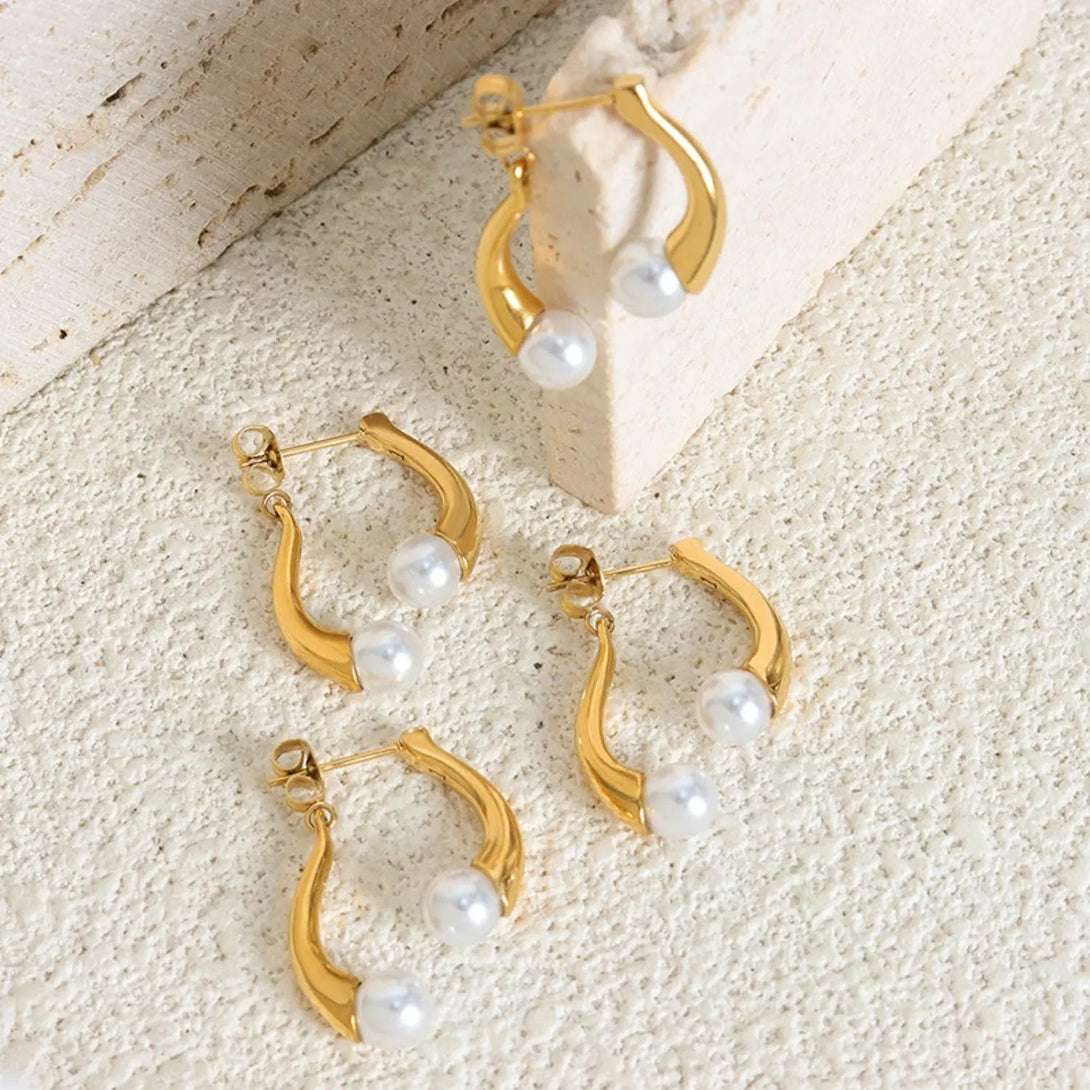 Lovcia Synthetic Pearl Asymmetrical Titanium Steel Earrings-Earrings-Gold-One Size-Gold