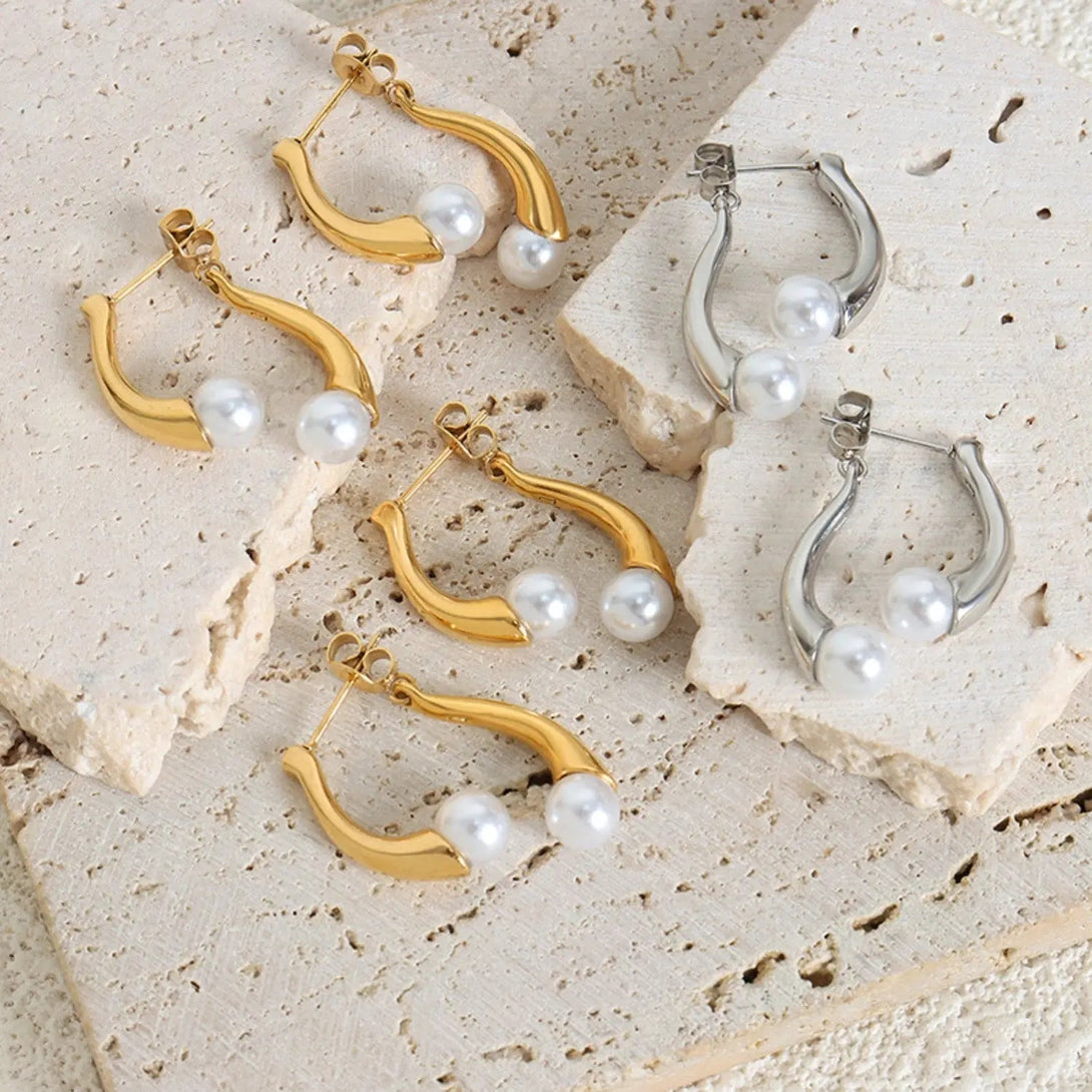 Lovcia Synthetic Pearl Asymmetrical Titanium Steel Earrings-Earrings-Gold-One Size-Gold