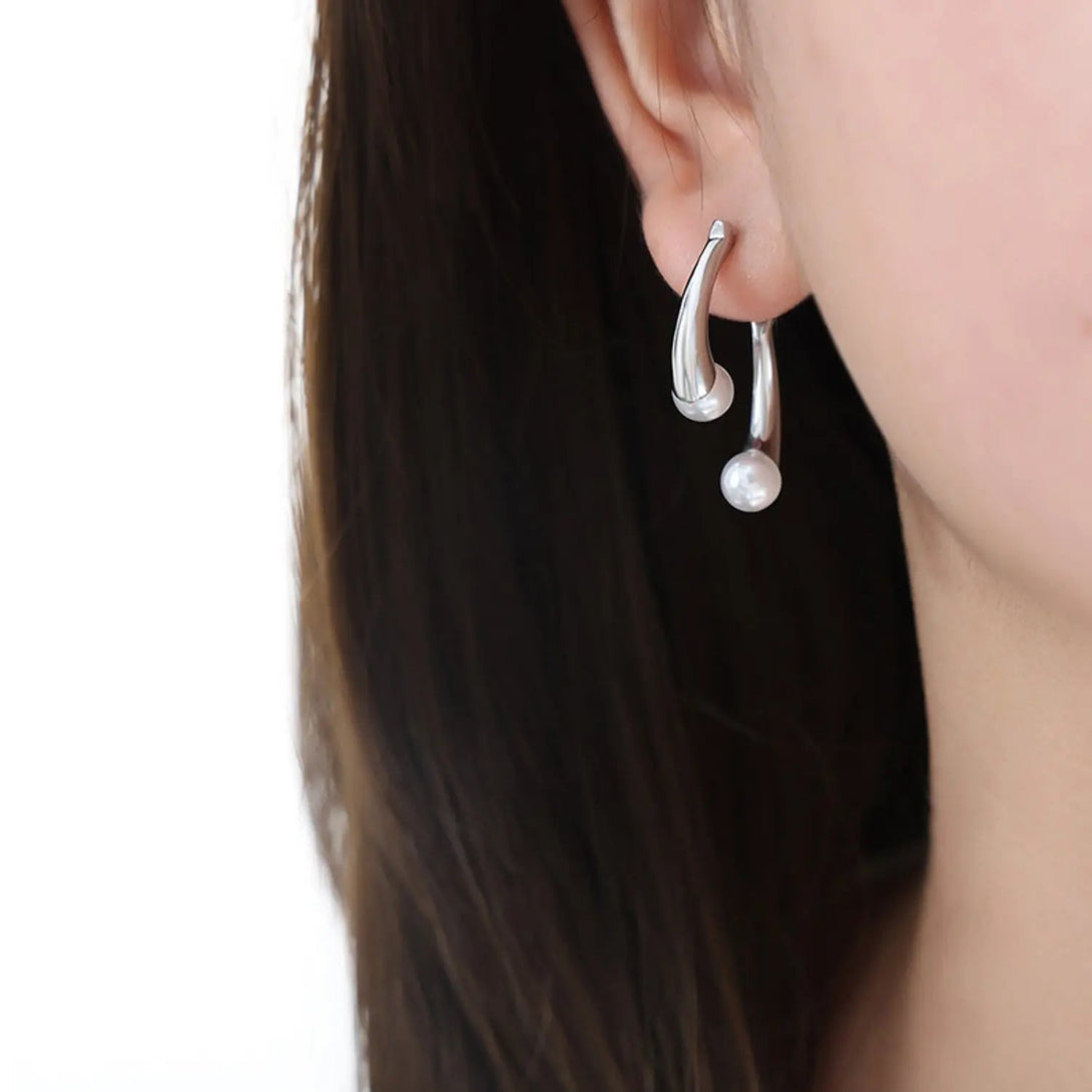 Lovcia Synthetic Pearl Asymmetrical Titanium Steel Earrings-Earrings-Silver-One Size-Silver