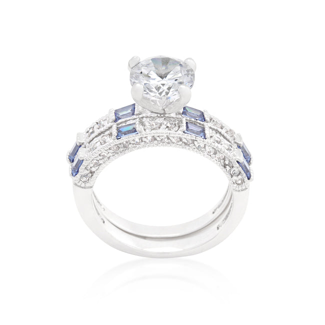 Lovcia Tanzanite and Clear Cubic Zirconia Pave Ring Set with Rhodium Finish-Rings-5-5