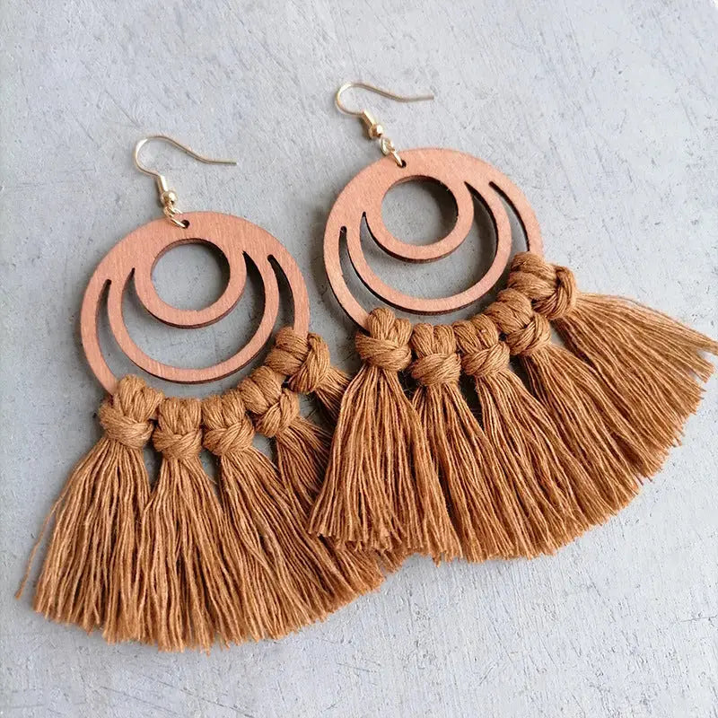 Lovcia Tassel Detail Geometric Earrings-Earrings-Caramel-One Size-Caramel
