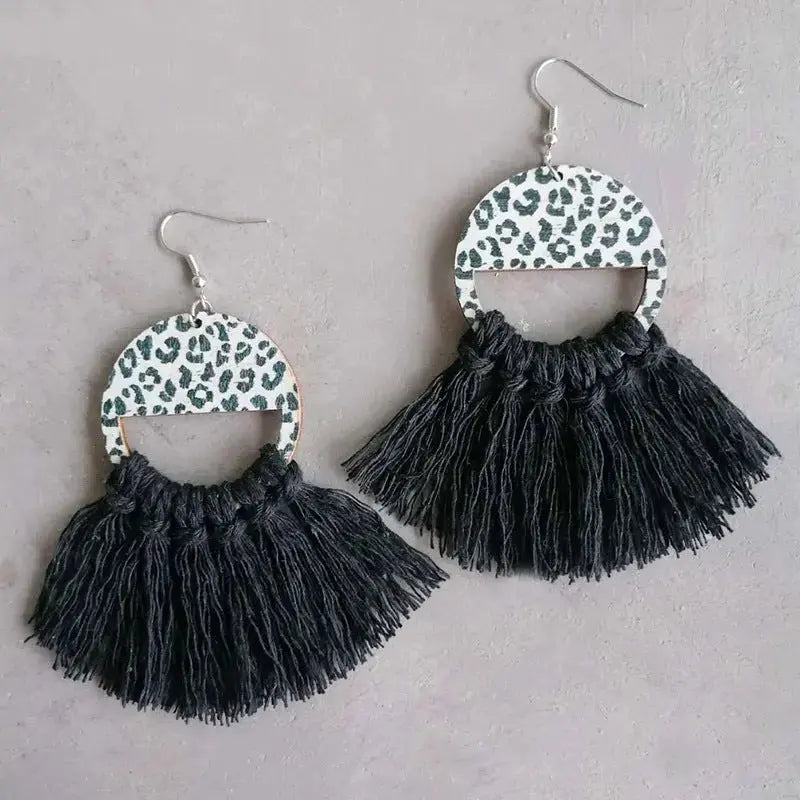 Lovcia Tassel Detail Leopard Drop Earrings-Earrings-Black-One Size-Black