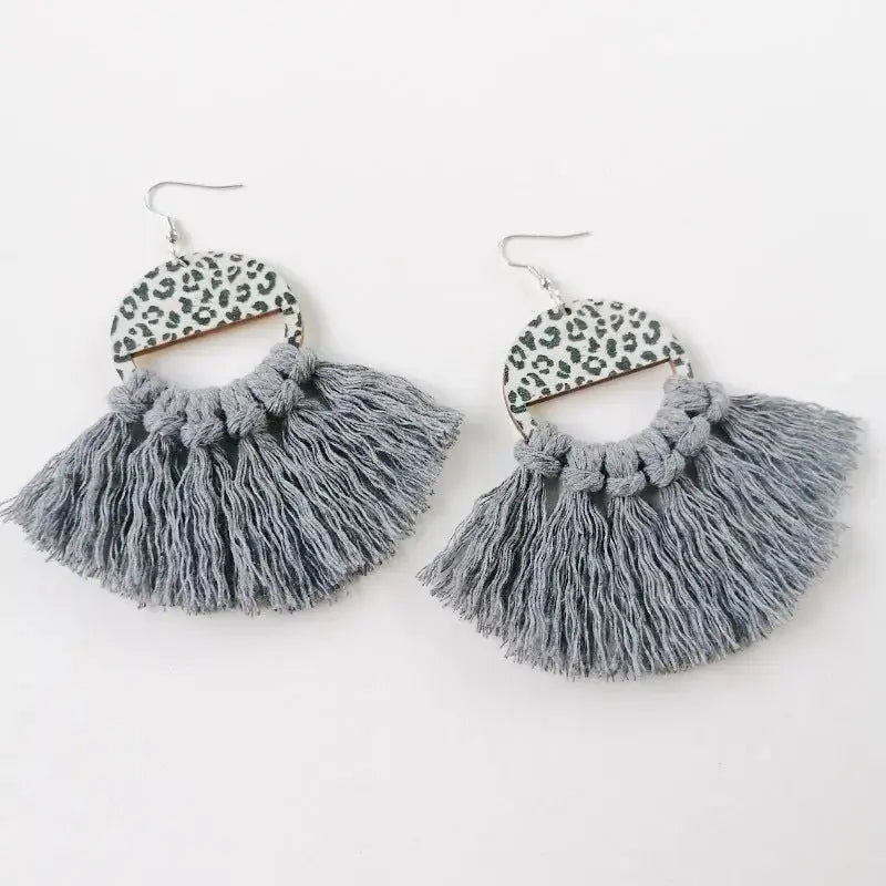 Lovcia Tassel Detail Leopard Drop Earrings-Earrings-Charcoal-One Size-Charcoal