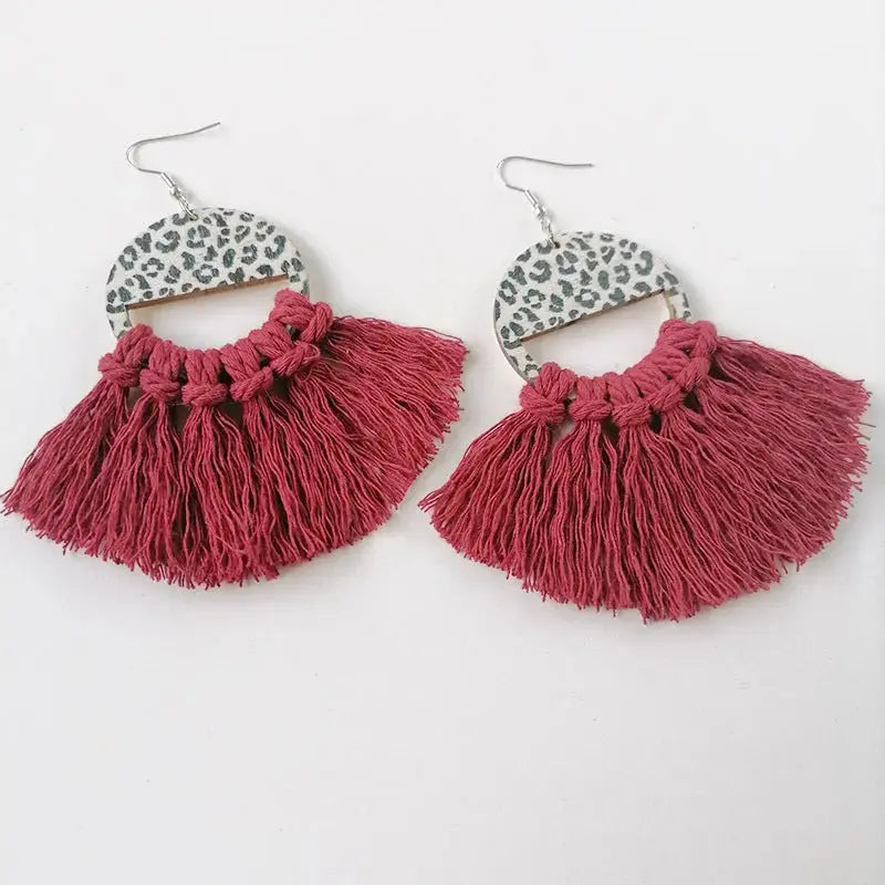 Lovcia Tassel Detail Leopard Drop Earrings-Earrings-Deep Red-One Size-Deep Red