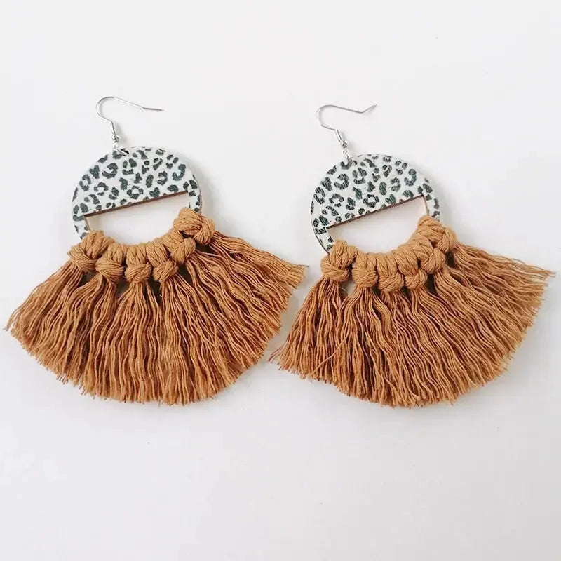 Lovcia Tassel Detail Leopard Drop Earrings-Earrings-Honey-One Size-Honey