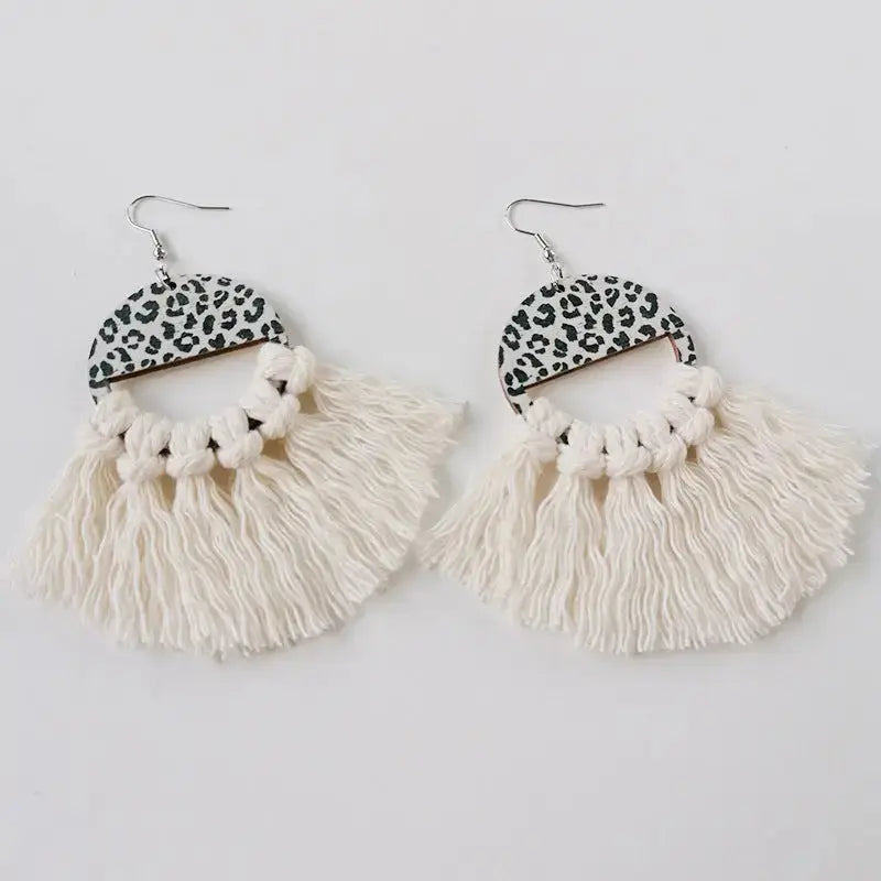 Lovcia Tassel Detail Leopard Drop Earrings-Earrings-Ivory-One Size-Ivory