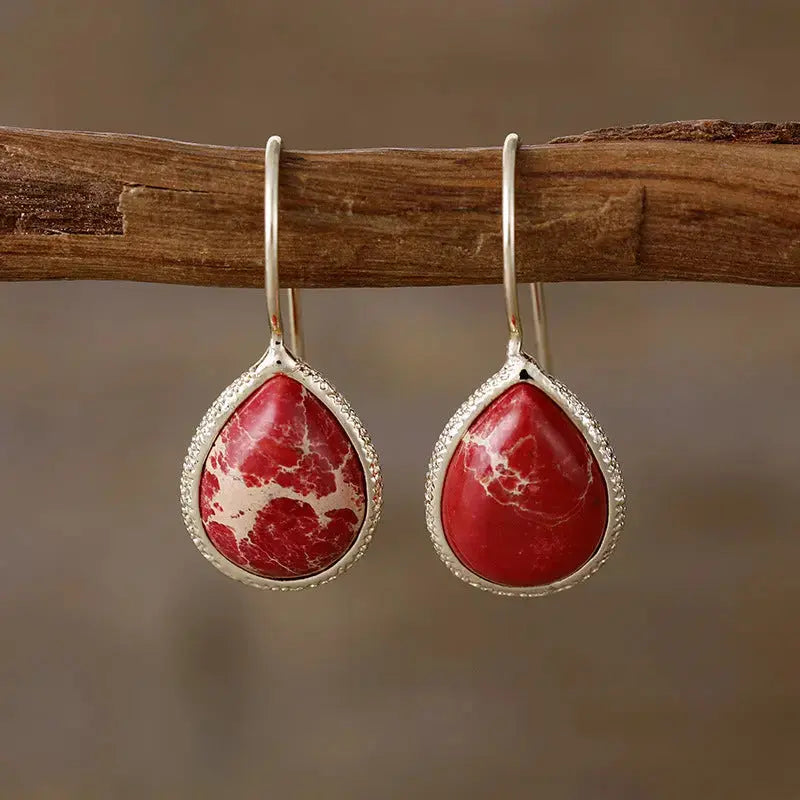 Lovcia Teardrop Elegance: 18K Gold-Plated Natural Stone Earrings for Women-Earrings-Deep Red-One Size-Deep Red