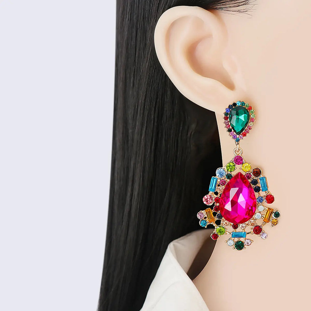 Lovcia Teardrop Shape Rhinestone Alloy Dangle Earrings-Earrings-Deep Rose-One Size-Deep Rose