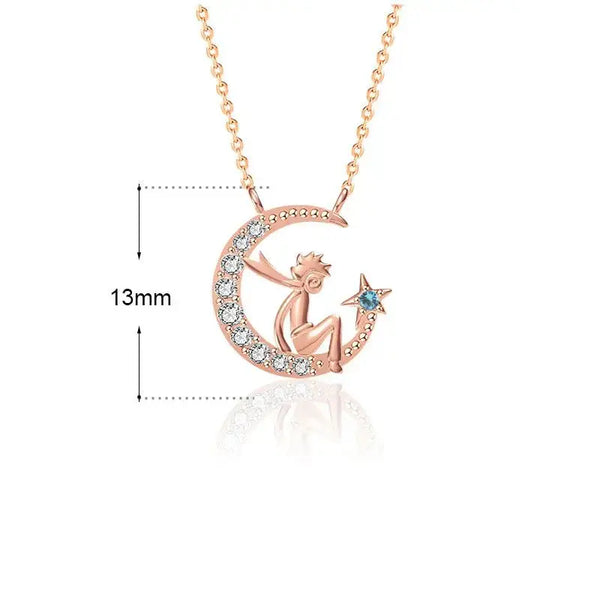 Lovcia The Little Princ and His Crescent Moon Star 925 Sterling Silver Necklace-Necklaces-Silver-Silver