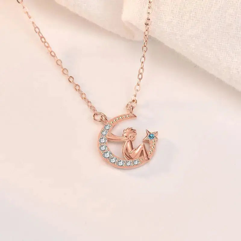 Lovcia The Little Princ and His Crescent Moon Star 925 Sterling Silver Necklace-Necklaces-Silver-Silver