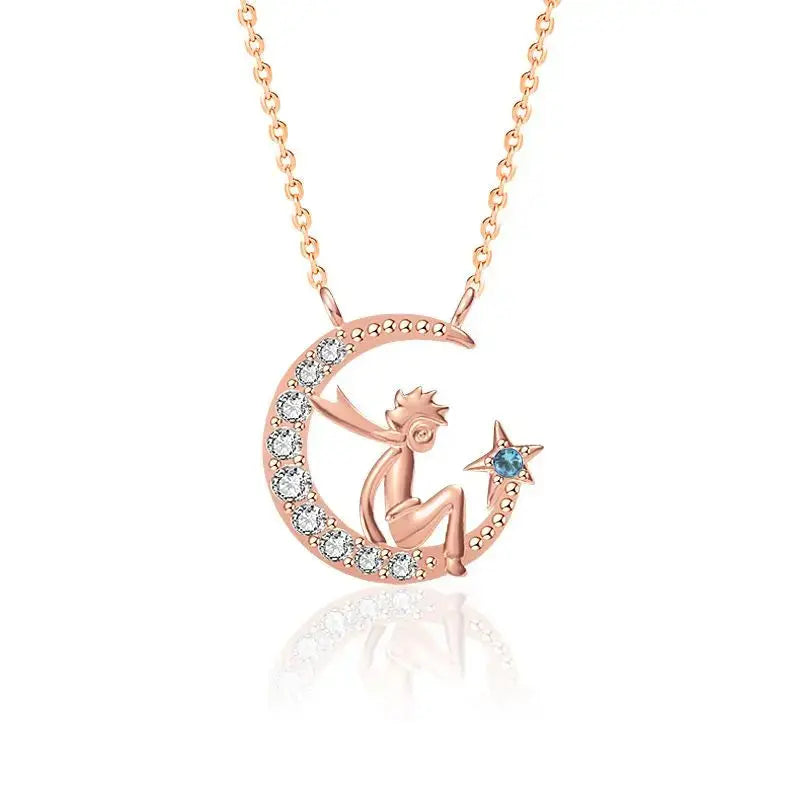 Lovcia The Little Princ and His Crescent Moon Star 925 Sterling Silver Necklace-Necklaces-Silver-Silver