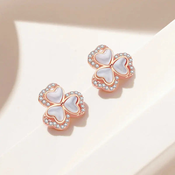 Lovcia Three-Leaf Clover Heart Sterling Silver Stud Earrings with Sparkling Stones-Earrings-Rose Gold-Rose Gold