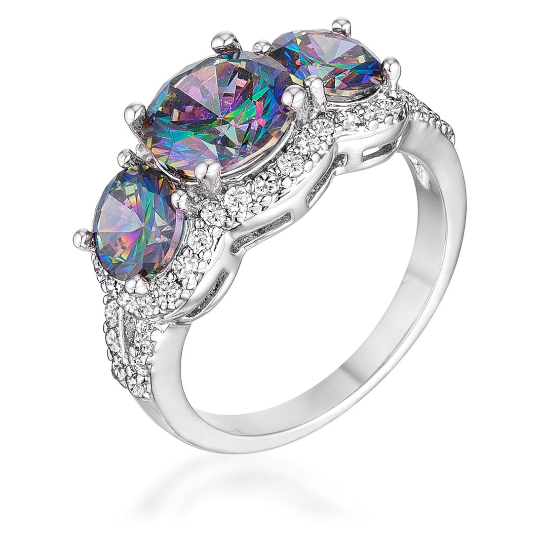 Lovcia Three Stone Rhodium Plated Ring with Mystic and Clear Cubic Zirconia-Rings-5-5