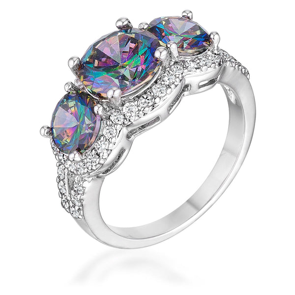 Lovcia Three Stone Rhodium Plated Ring with Mystic and Clear Cubic Zirconia-Rings-5-5