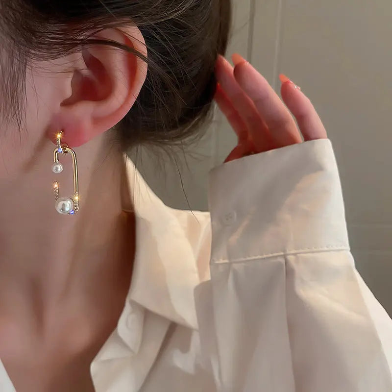 Lovcia Timeless Pearl & Zircon Geometric Drop Earrings-Earrings-Gold-Gold