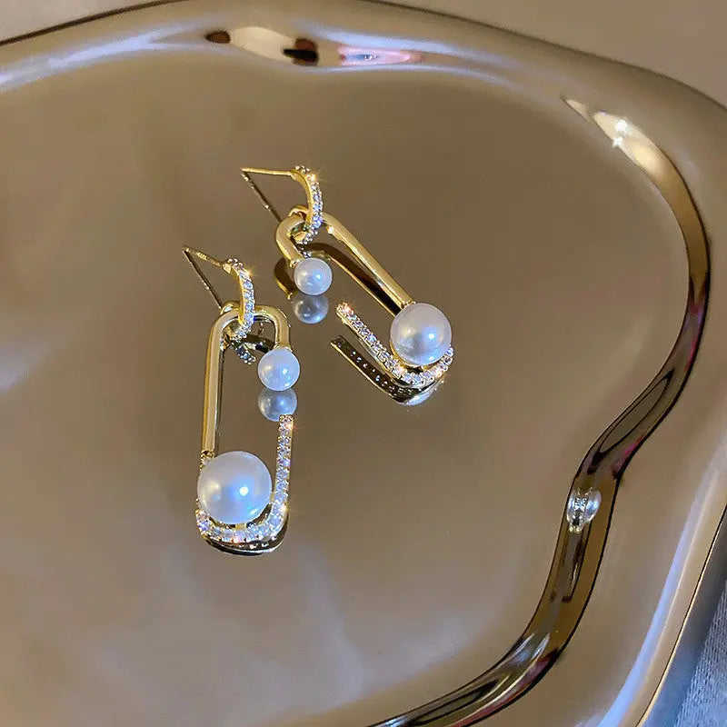 Lovcia Timeless Pearl & Zircon Geometric Drop Earrings-Earrings-Gold-Gold